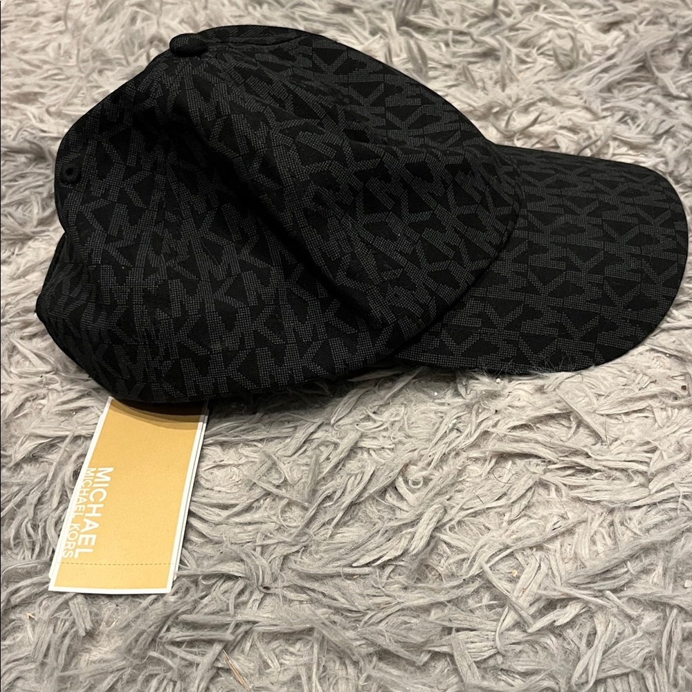 Michael Kors MK Baseball Cap Hat All Over Logo Print Black Gray Unisex New NWOT